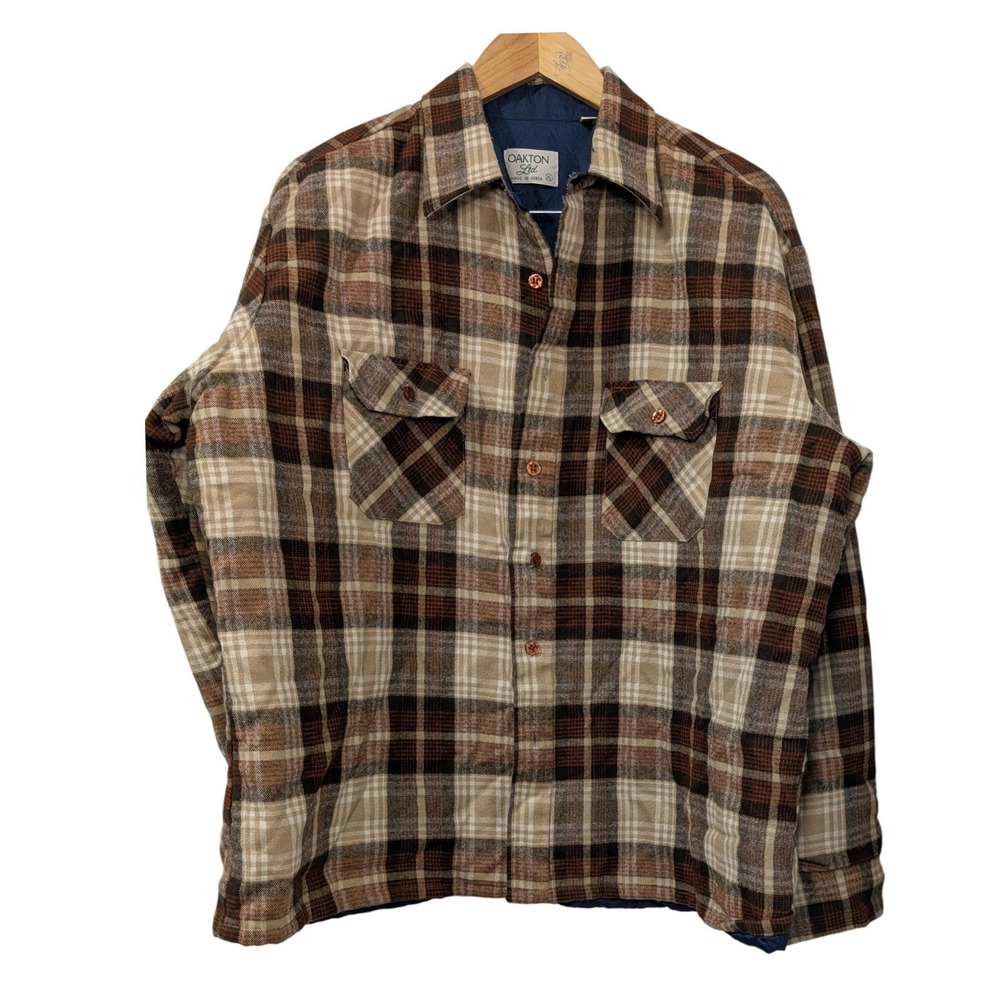 VTG 80/90s Oakton Ltd Plaid Flannel Quilt Lined Jacket Button Up‎ Brown Tan - XL